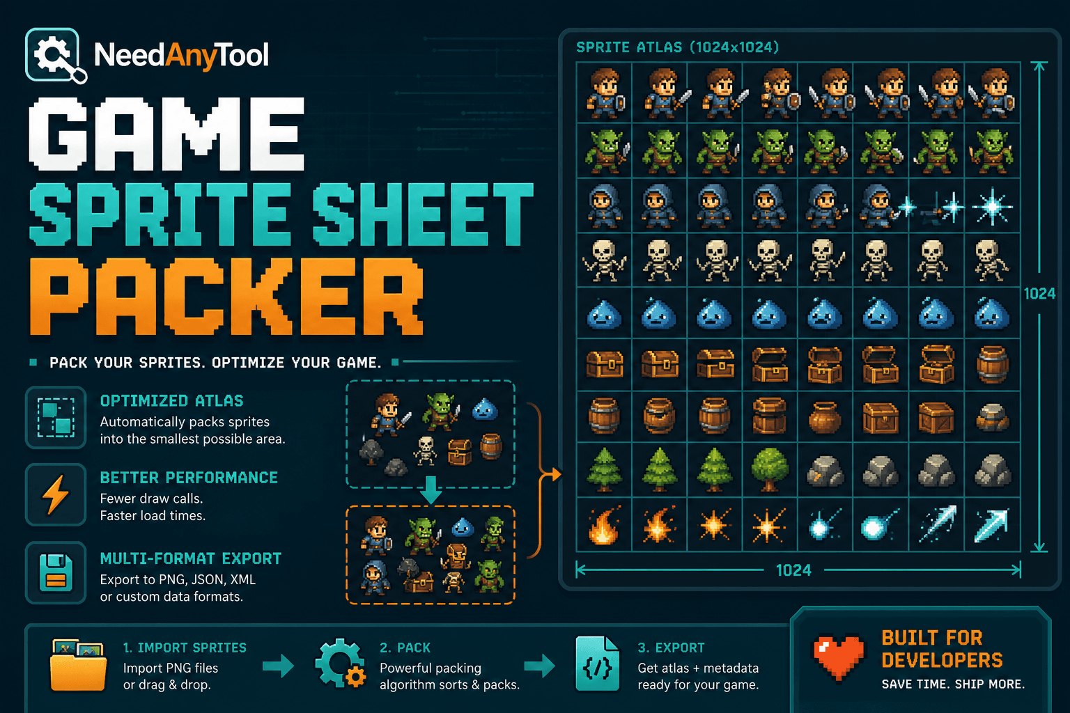 Pack Game Sprites Into One Sheet + JSON — NeedAnyTool